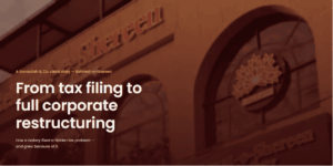 Blog banner featuring the Rehmat-e-Shereen store building facade with headline reading: "From tax filing to full corporate restructuring: A Sanaullah & Co. client story."