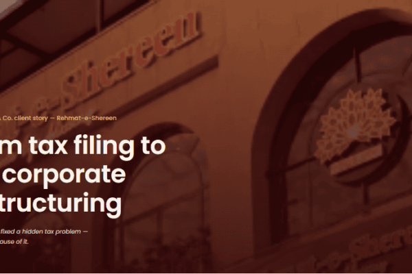 Blog banner featuring the Rehmat-e-Shereen store building facade with headline reading: "From tax filing to full corporate restructuring: A Sanaullah & Co. client story."